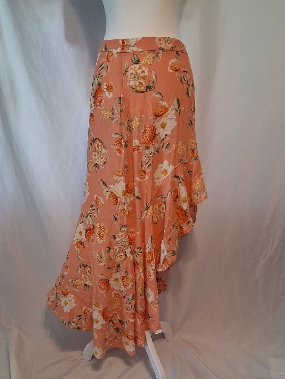 NWT. Forever 21 Coral Peach Floral Chiffon High-Low Ruffle Skirt M - Picture 3 of 10
